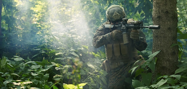 兵士在作战中瞄准武器 激光瞄准器光学