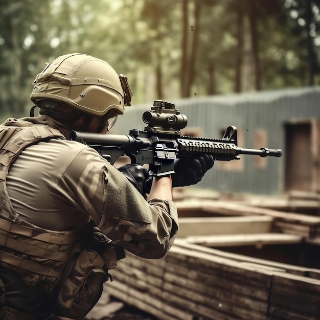 Soldier Aiming Assault Rifle at Outdoor Shooting Range Back View AI