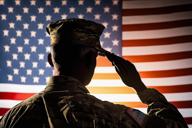 Soldier on the background of the American flag salutes