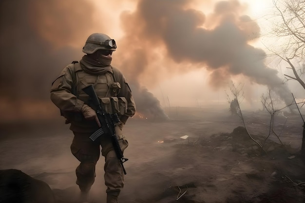 Soldier on the battlefield against the background of fire and smoke war in Ukraine Generative AI 1