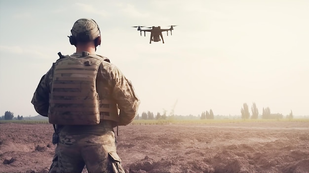 Soldier on the battlefield with military drone