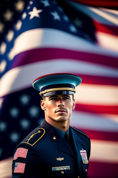 A soldier in a blue uniform stands in front of a flag.