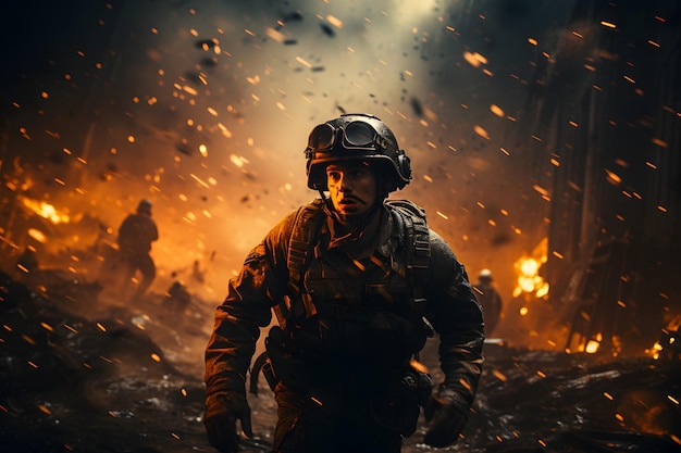 Soldier on burning road