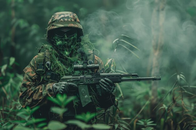 Photo a soldier in camouflage gear stands vigilant with a rifle blending seamlessly into the dense mistladen forest during the early hours of dawn