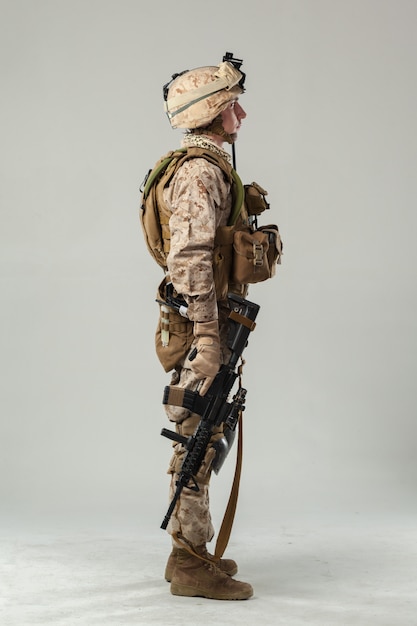 Soldier in camouflage holding rifle