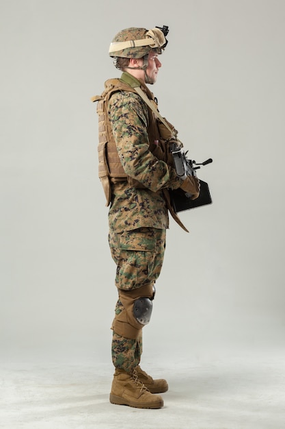 Soldier in camouflage holding rifle