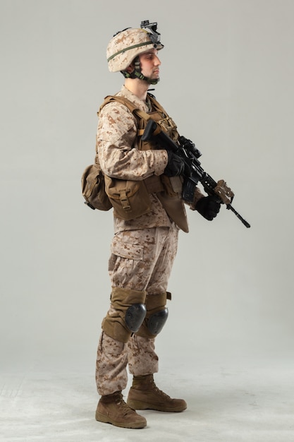 Soldier in camouflage holding rifle