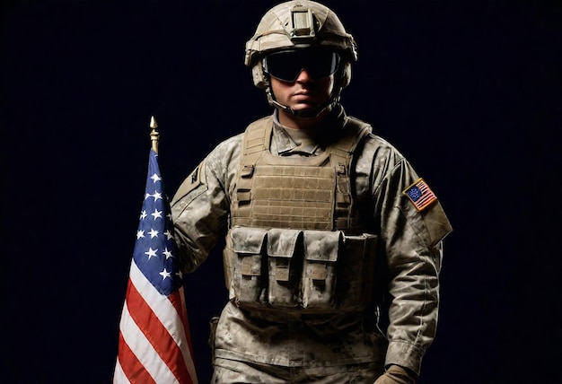 a soldier in camouflage holds a flag in the desert