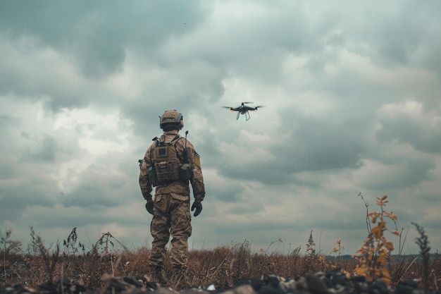 Soldier in Camouflage Observing Drone Flight Against Stormy Sky Technology in Military Operations