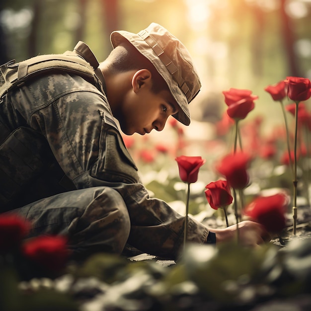 a soldier in camouflage sits in a field of red roses