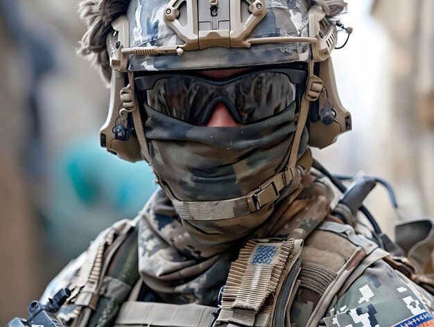 A soldier in camouflage with goggles and a helmet