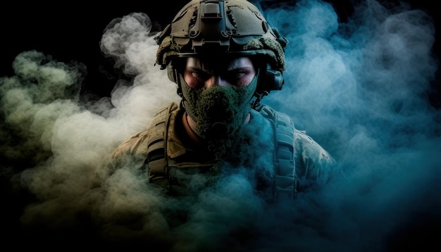 A soldier in a cloud of smoke