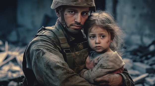 Soldier comforts sad child refugee amid war's destruction