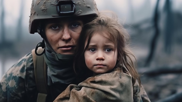 Soldier comforts sad child refugee amid war's destruction