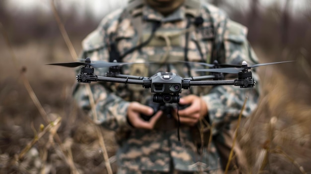 Soldier controls drone during war or training on forest background military using modern uav for surveillance Concept of army intelligence warfare summer