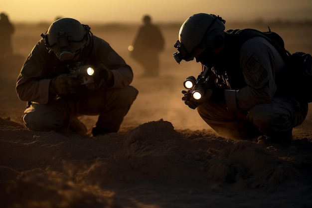 A soldier crouches in the desert with a light on his helmet.