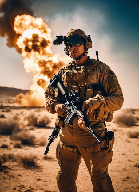 a soldier in a desert with a gun in his hand