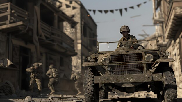 A soldier drives a jeep through a wartorn city The jeep is surrounded by rubble and debris The soldier is wearing a helmet and flak jacket