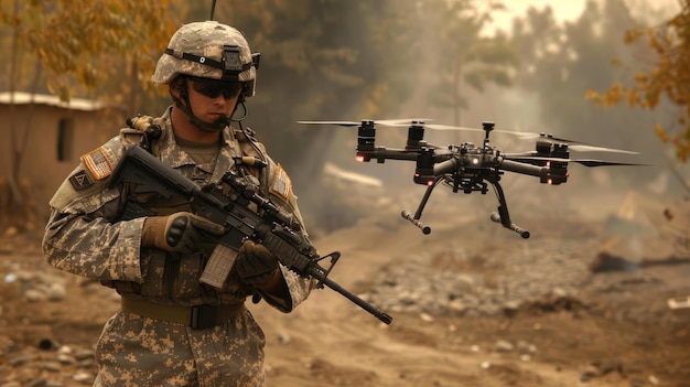 Soldier and drone during war or training on forest background military walk with weapon using modern uav for surveillance Concept of army intelligence warfare autumn