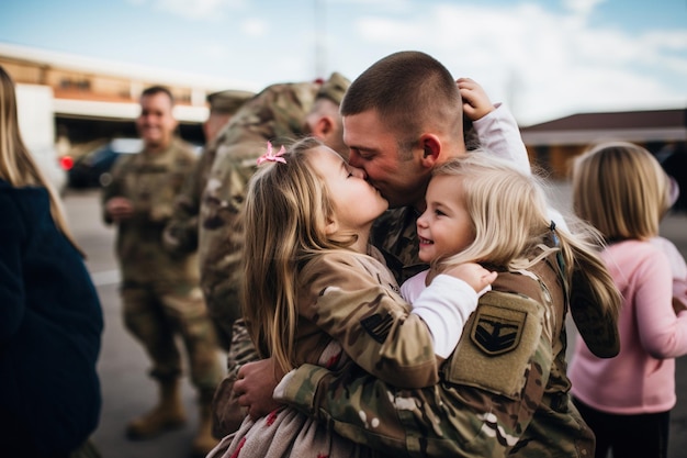 Soldier embracing his wife and kids on his homecoming