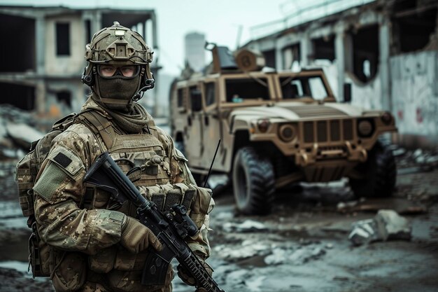 soldier facing the destruction of war with a military vehicle in the resistance