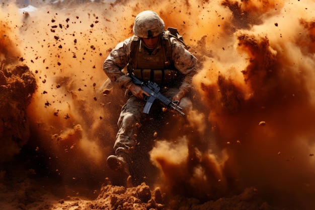 Soldier falls under the explosion