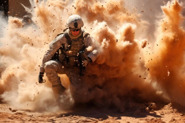 Photo soldier falls under the explosion