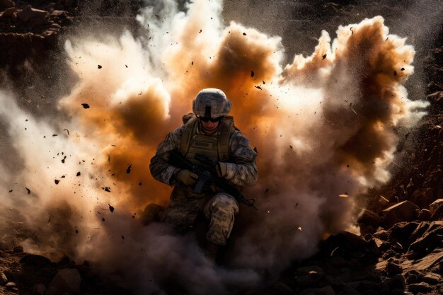 Soldier falls under the explosion