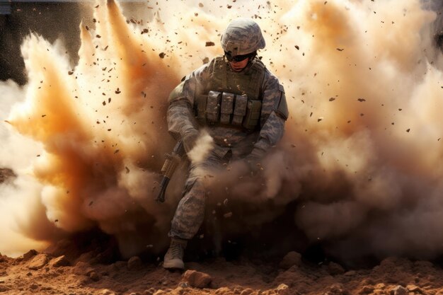 Foto il soldato cade sotto l'esplosione.