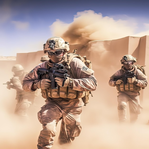 Soldier forces fighting and action in the desert Generative AI illustration