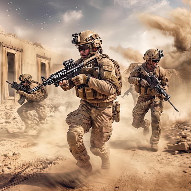 Soldier forces fighting and action in the desert Generative AI illustration