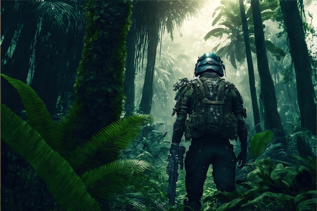 Soldier in forest man with military equipment in jungle generative AI