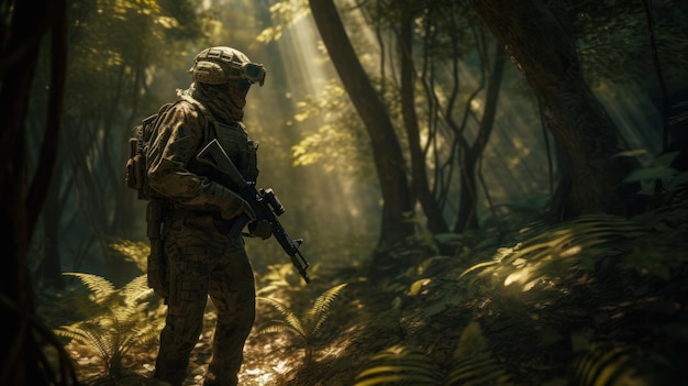 A soldier in a forest with the words'army'on the left