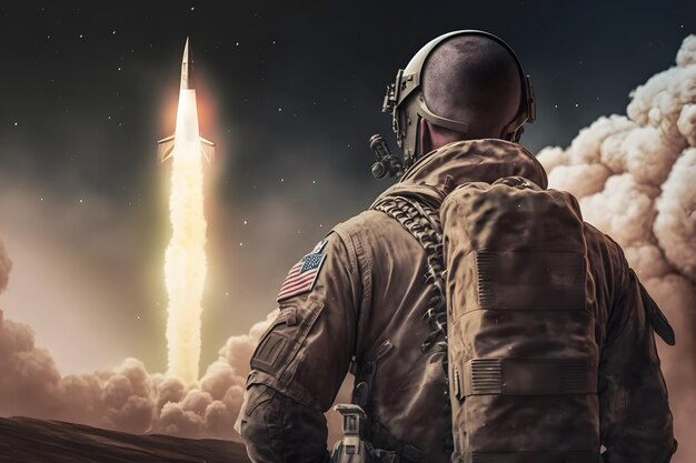 Солдат перед запуском баллистической ракеты Сгенерирована нейронная сеть AI