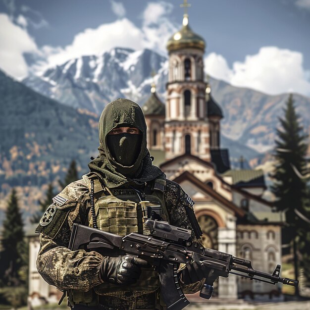 Photo a soldier in front of a church with a mountain in the background