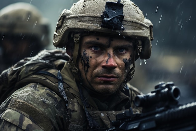 Soldier in full combat gear during a battle in rainy weather AI generation