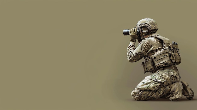 Photo a soldier in full combat gear is kneeling and looking through a spotting scope he is wearing a helmet body armor and a backpack