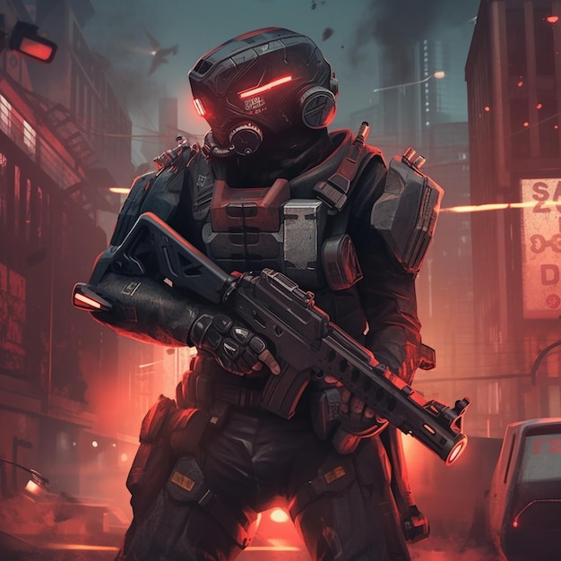 A soldier in a futuristic city with a sign that says'cyberpunk'on it