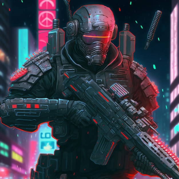 A soldier in a futuristic city with a sign that says'the future is here '
