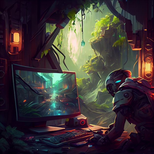 Soldier gamer playing on desktop PC computer gaming illustration