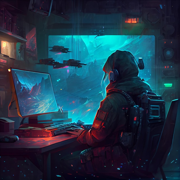 Soldier gamer playing on desktop PC computer gaming illustration