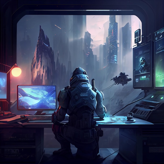 Soldier gamer playing on desktop PC computer gaming illustration