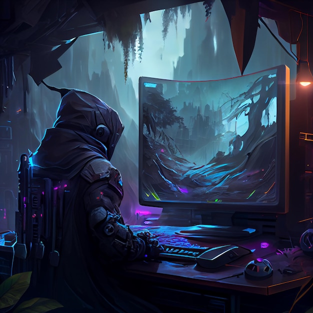 Soldier gamer playing on desktop PC computer gaming illustration