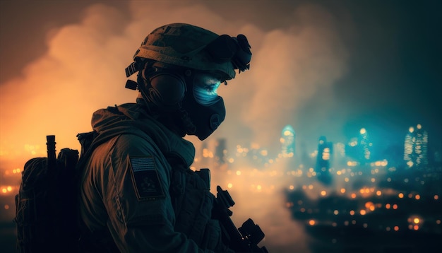 Foto un soldato con una maschera antigas si trova di fronte allo skyline di una città.