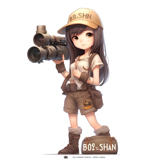 Foto ragazza soldato con binocolo e zaino isolato su sfondo bianco