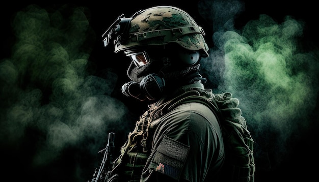 A soldier in a green and black background with smoke coming out of his face.