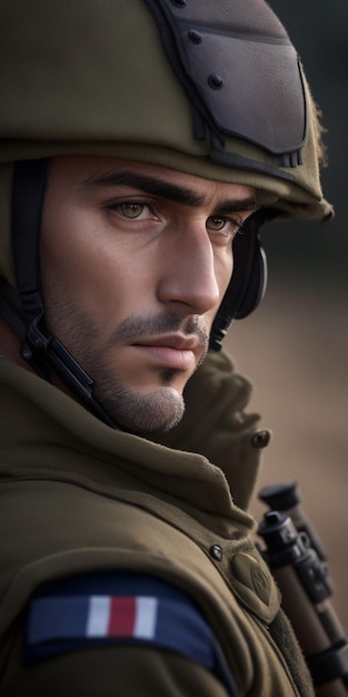 A soldier in a green helmet with the word war on the front.