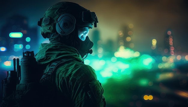 A soldier in a green military uniform looks out at night.