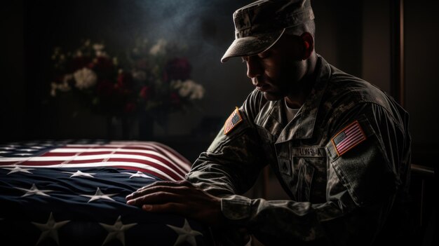 Soldier grieving over casket draped with USA flag