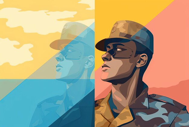 A soldier and he is facing the other side of the same person in the style of linear illustrations